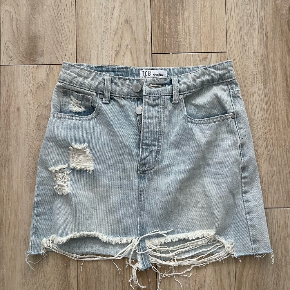Tobi Denim Ripped Skirt and denim shorts combo